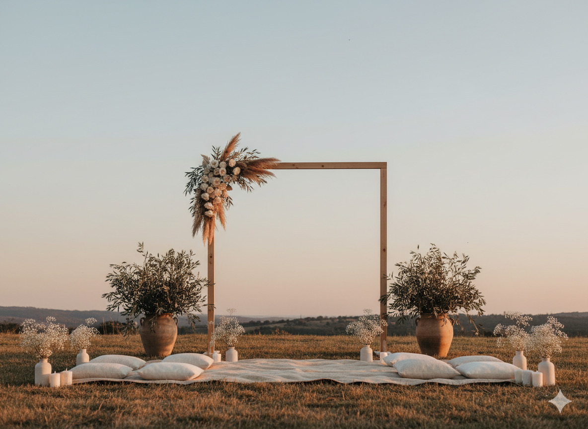 Minimal bryllupsinstallation med neutral paletfarve